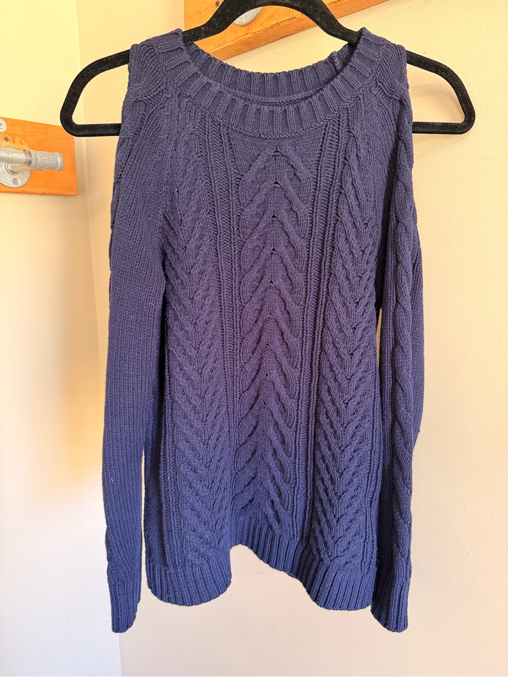 LOFT Navy Cable-Knit Cold-Shoulder Sweater